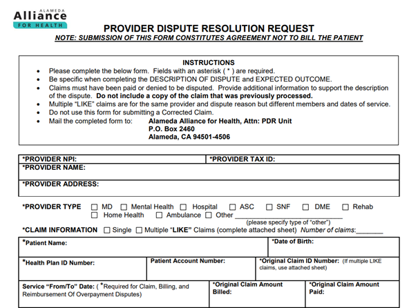 Alameda Alliance Provider Dispute Form
